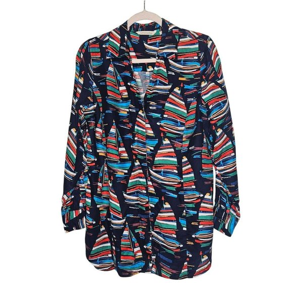Soft Surroundings Multicolor Abstract Print Button Down Top Sail Boats Novelty S - Picture 1 of 8
